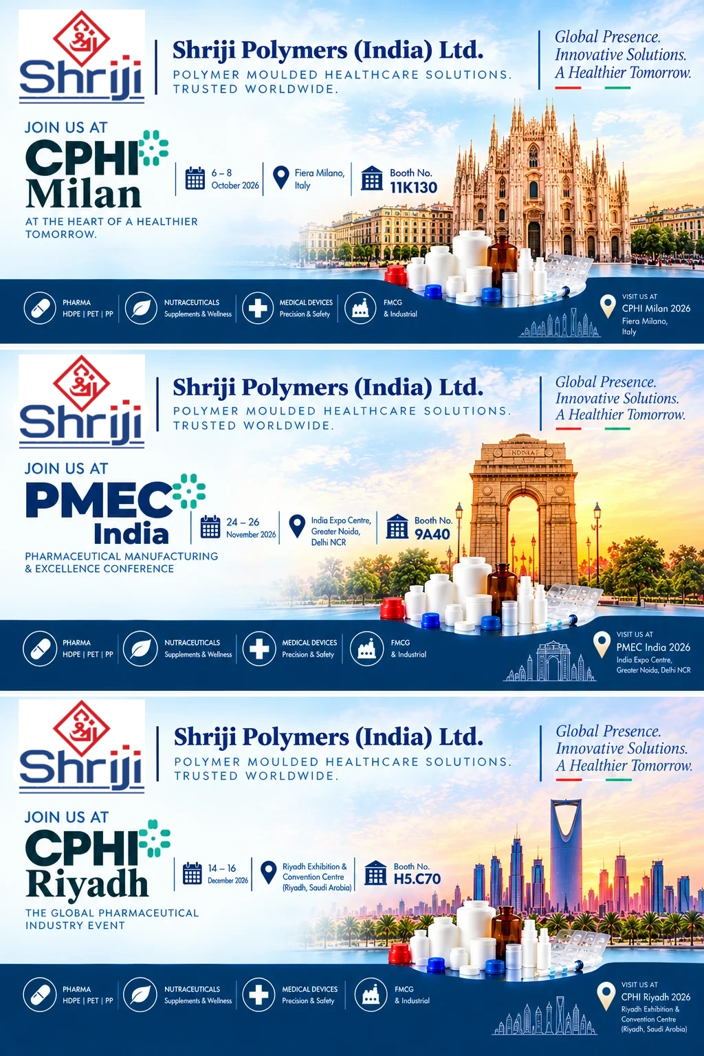 Join Shriji Polymers at CPHI Milan, PMEC India and CPHI Riyadh