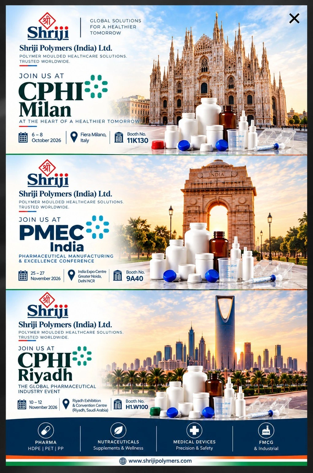 Join Shriji Polymers at CPHI Milan, PMEC India and CPHI Riyadh